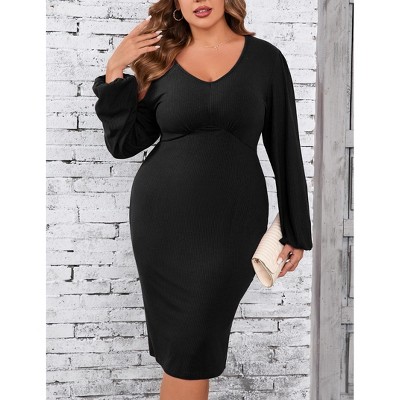 Plus Size Women's V-Neck Dress Casual Long Sleeves Slim Fit Midi Dress Bodycon Party Dress
