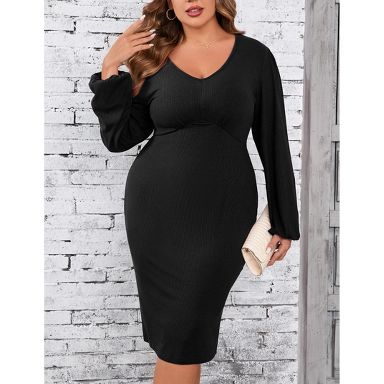 Plus Size Women's V-Neck Dress Casual Long Sleeves Slim Fit Midi Dress  Bodycon Party Dress Black 4XL : Target