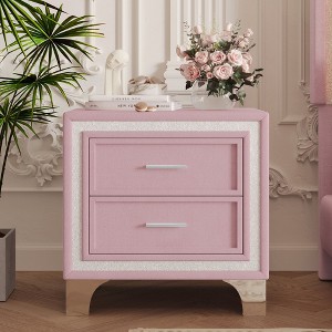 HDZNVF Mid Century Vintage Nightstand with Silver Glitter Strip Decor and Metal Legs, Velvet Bedside Table with 2 Drawers, Pink - 1 of 4