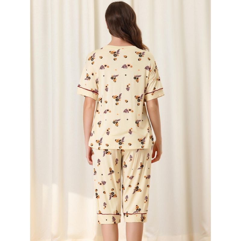 cheibear Womens Capri and Short Sleeve Shirt Floral Lounge Set Nightwear Soft Sleepwear Pajama Sets, 3 of 6