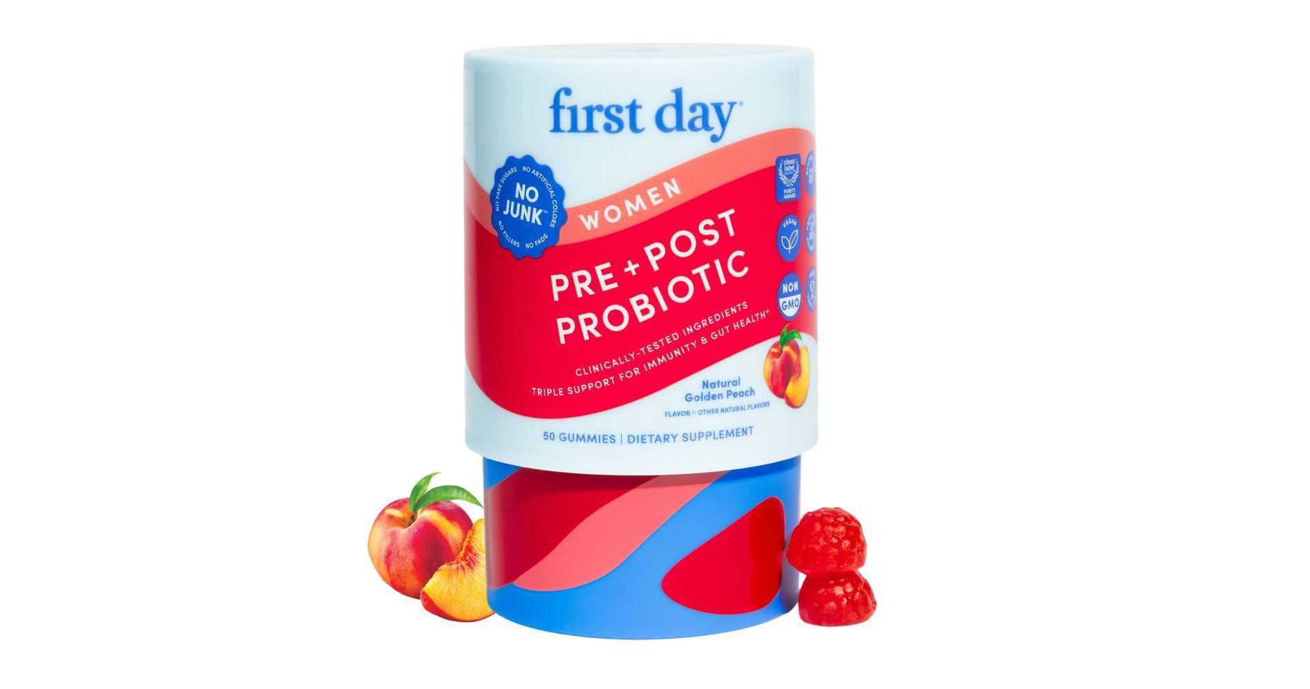 First Day Women's Pre + Post Probiotic Gummies for Immunity and Gut Health - Natural Golden Peach - 50ct
