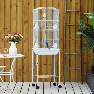 Akoasm 60 Inch Metal Parakeets Parrot Bird Cage & Bird House With Detachable Rolling Stand, Storable Basket And Accessories-White