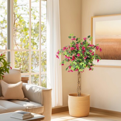 4/5/6FT Artificial Bougainvillea Tree, Tall Potted Fake Bougainvillea Trees, Faux Tree with Wood Trunk and Pink Flowers for Outdoor Indoor