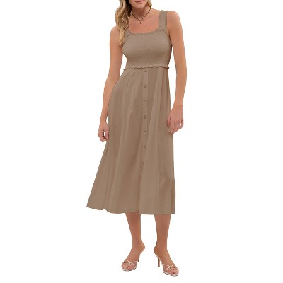 August Sky Women's Sleeveless Smocked Bodice Faux Button Down Skirt Midi Dress