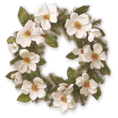 Artificial North Valley Spruce Magnolia Wreath White 24