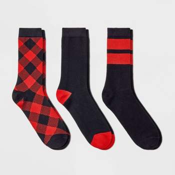 Men's Striped Plaid Crew Socks 3pk - Goodfellow & Co™ Red 6-12