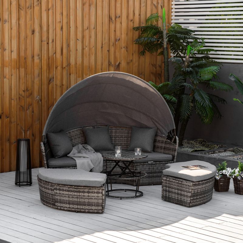 Outsunny 4pc Rattan Patio Furniture Set, Sectional Outdoor Sofa Set with Adjustable Sun Canopy, 2 Chairs, Extending Tea Table, Pillows, 4 of 9