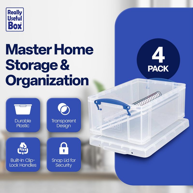 Really Useful Box 9 Liters Transparent Storage Container with Snap Lid and Clip Lock Handle for Lidded Home and Item Storage Bin, 4 Pack, 2 of 7