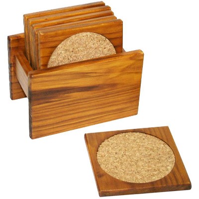 Home Basics Pine Wood Square Coasters with Absorbent Cork Insert, (Set of 6), and Holder