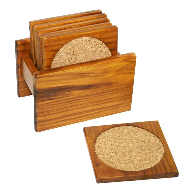 Home Basics Pine Wood Square Coasters with Absorbent Cork Insert, (Set of 6), and Holder, 1 of 3