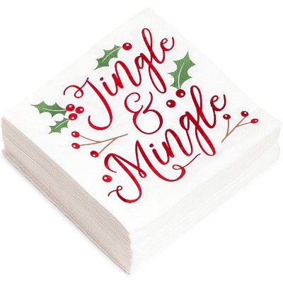 Sparkle and Bash 50-Pack Jingle & Mingle White Disposable Paper Cocktail Napkins for Christmas Party Supplies