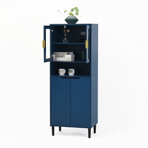 Tall Storage Show Cabinet with 2 Glass Display Door & 2 Doors, Tall Kitchen Pantry Cabinet with Gold Handles - 1 of 4