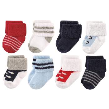 Luvable Friends Baby Boy Newborn and Baby Terry Socks, Red Navy Sneakers