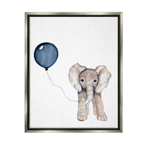 Stupell Industries Baby Elephant with Blue Balloon Gray Floater Framed Canvas Wall Art, 16 x 20