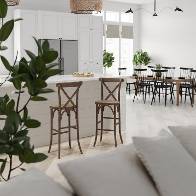 Dark Antique 30 Inch Wooden Cross Back Bar Stool