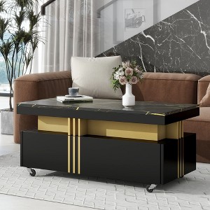 CAVINAS  Modern Coffee Table,Rectangle Cocktail Table with Faux Marble Top,Caster Wheels,2 Drawers,Gold Metal Deco,Center Table for Living Room,Office - 1 of 4