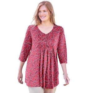 Woman Within Women's Plus Size Smocked Henley Trapeze Tunic - 1 of 4