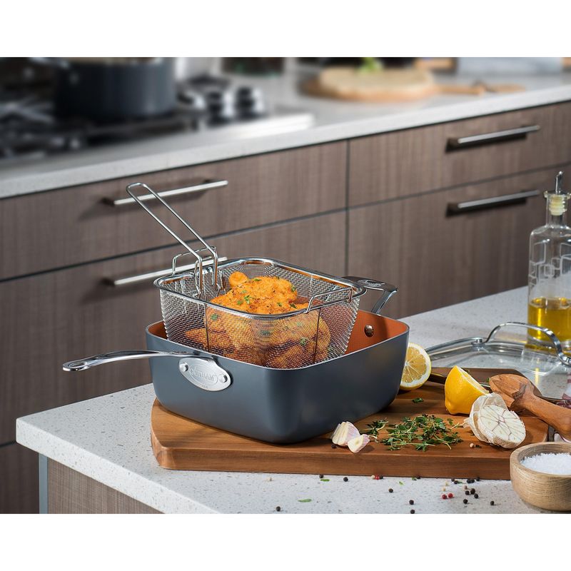 Gotham Steel 9.5" Deep Squre Nonstick Pan with Steamer Tray, Fry Basket and Glass Lid, 3 of 6