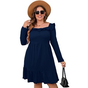 Women's Square Neck Long - Sleeve Dress with Ruffle Trim & Tie Detail, Flowy Midi Dress for Casual & Semi - Formal - 1 of 4