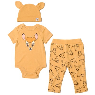 Image of Disney Classics Bambi Newborn Baby Boys Bodysuit Pants and Hat 3 Piece Outfit Set Brown 6-9 Months