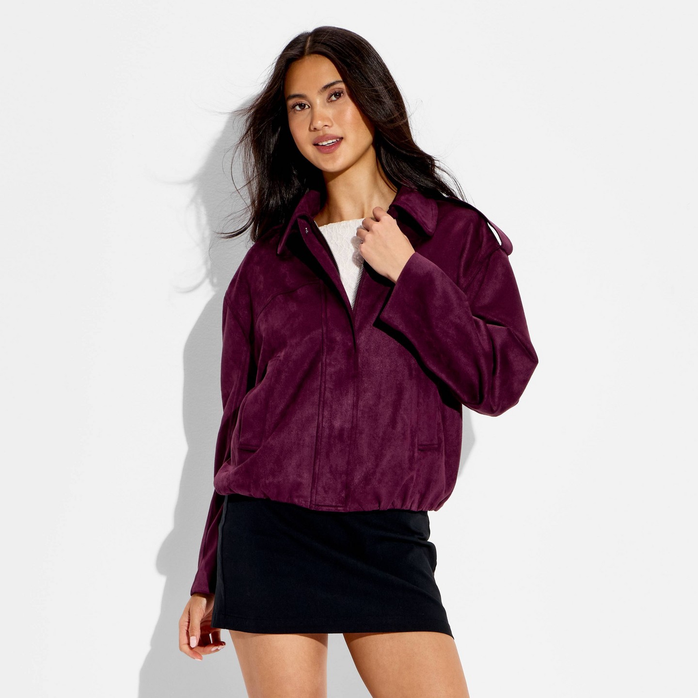 Женская куртка Wild Fable Bubble Hem Faux Suede, цвет: Сливовый — фото 2