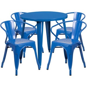 Emma and Oliver Commercial Grade 30" Round Blue Metal Indoor-Outdoor Table Set with 4 Arm Chairs - 1 of 4