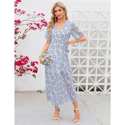 YesFashion Women's Summmer Dress Casual Boho Short Sleeve Long Dress Wrap V Neck Tunic Midi Sundress with Belt