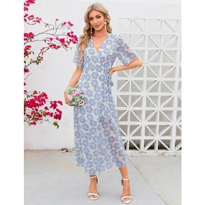 YesFashion Women's Summmer Dress Casual Boho Short Sleeve Long Dress Wrap V Neck Tunic Midi Sundress with Belt - 1 of 4