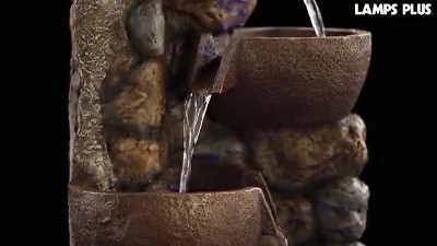 Rustic Cascading Urn Outdoor Floor Fountain with LED Light