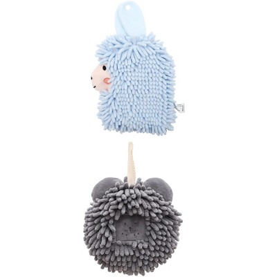 REGALWOVEN Absorbent Soft Chenille Cartoon Alpaca Fuzzy Ball Bathroom Hanging Hand Towels 7" x 7"/7" x 11" 2 Pcs