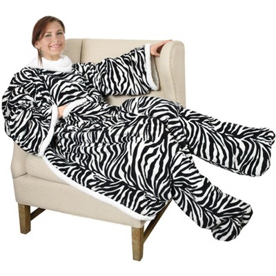 Zebra Print Fleece Sherpa Wearable Blanket with Sleeves