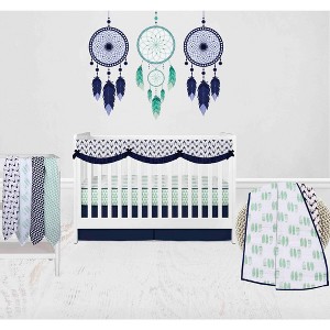 Bacati - Boys Noah Muslin Mint Navy 8 pc Crib Bedding Set with Long Rail Guard Cover - 1 of 4