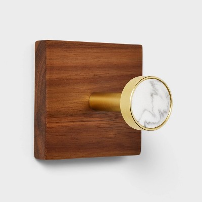 Metal and Faux Marble Single Gold Hook on Acacia Wood - Threshold™: Wall Towel Hook, Decorative, Multicolored, 3" Length