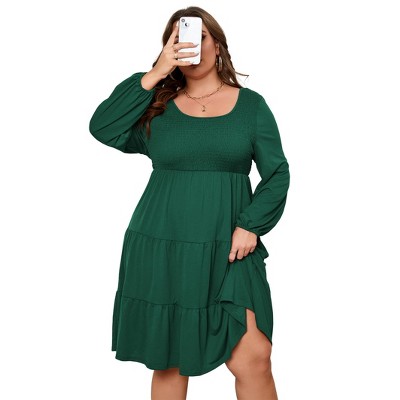 Plus Size Women's Smocked Dress - Round Neck, Puff Sleeves & Tiered Hem Stretchy Flowy Maxi Dress