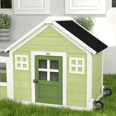 Green and White Wooden Outdoor Rabbit Hutch with Asphalt Roof