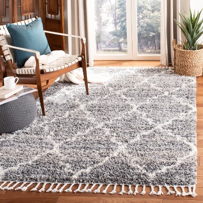 Gray and Ivory Geometric Shag Area Rug
