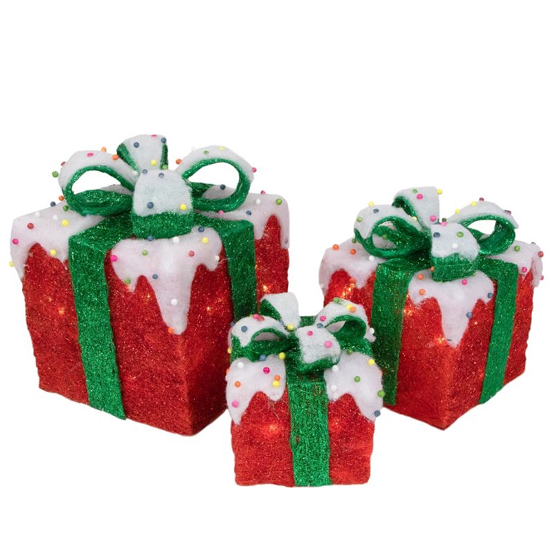Northlight Set of 3 Lighted Snow and Candy Covered Sisal Gift Boxes Christmas Outdoor Decorations, 1 of 7