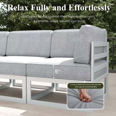 Side view of outdoor sectional with close-up of 5" dimension marker and cushion detail