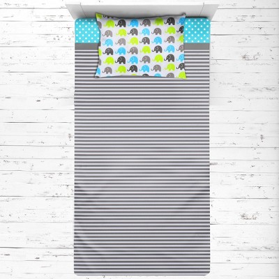 Bacati - Elephants Aqua Lime Gray 3 pc Toddler Bed Sheet Set