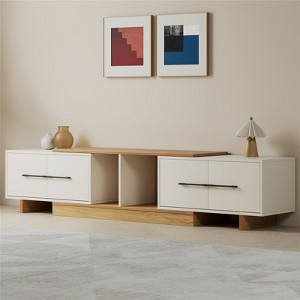 LOVSON 74.8''-102.4''Extendable TV Stand with 2 Large Storage Cabinets,Open Shelves,for Living Room/Bedroom Media Console, White+Natural - 1 of 4