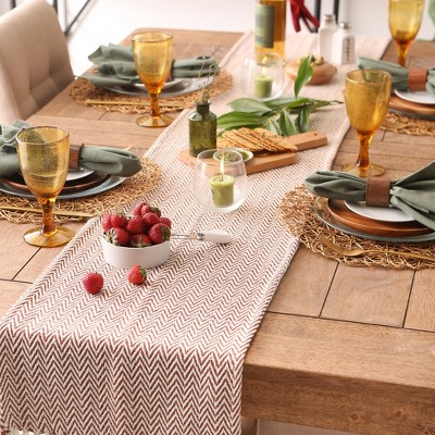 Cinnamon and Off-White Cotton Chevron Table Runner with Fringe