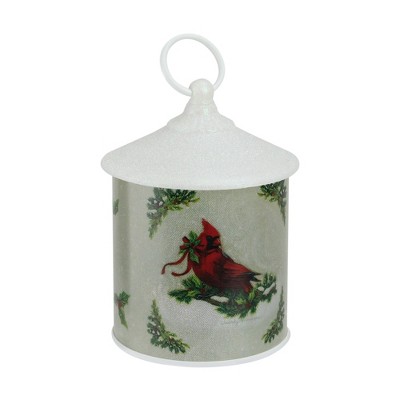 Roman 7.5” Battery Operated LED Resting Cardinal Scene Christmas Lantern - White/Green