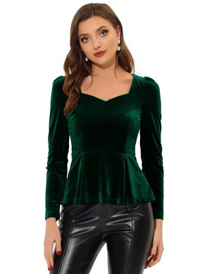 INSPIRE CHIC Women's Elegant Sweetheart Neck Long Sleeve Velvet Peplum Top