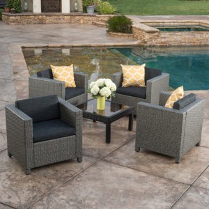 Outdoor 4 Piece Faux Rattan Club Chairs,Fabric Upholstered Patio Accent Chairs,Armrests Lounge Chair For Poolside Backyard-Coolbibila - 1 of 4