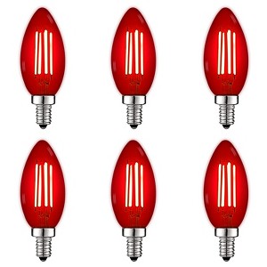 Luxrite E12 LED Filament Red Light Bulbs, 4.5W (40W Equivalent), Colored Glass Candelabra Bulb, UL Listed, E12 Base, Indoor Outdoor 6 Pack - 1 of 4