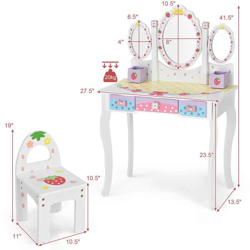Costway Kids Vanity Princess Makeup Dressing Table Chair Set w/ Tri-fold Mirror White, 4 of 11