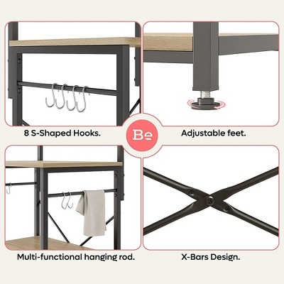 Light Oak Adjustable 5-Tier Kitchen Rack with Hooks