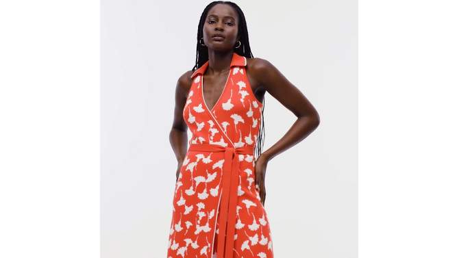Women's Collared Sleeveless Ginkgo Cherry Tomato Sweaterknit Midi Wrap Dress - DVF for Target, 2 of 13, play video