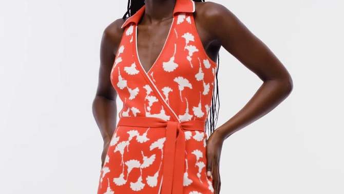 Women's Collared Sleeveless Ginkgo Cherry Tomato Sweaterknit Midi Wrap Dress - DVF for Target, 2 of 14, play video