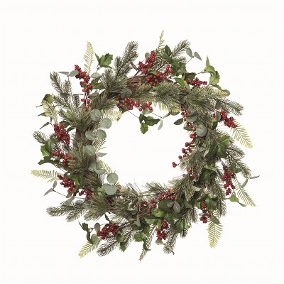 Transpac Fabric Multicolor Christmas Woven Berry with Mixed Greens Wreath